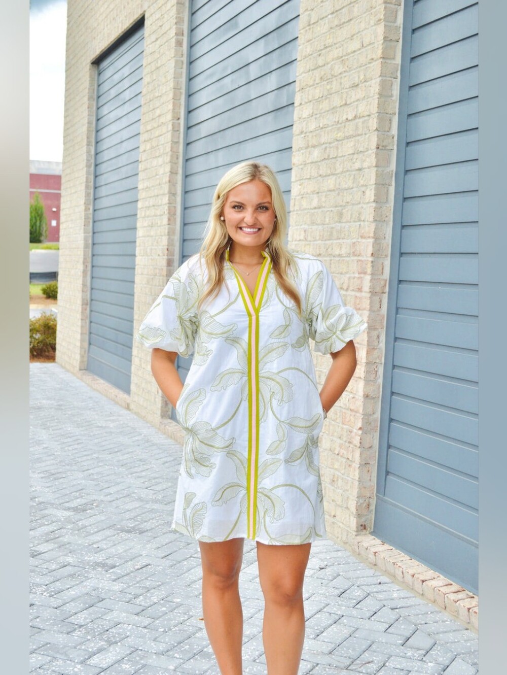 THML White Floral Mini Dress with Olive Trim